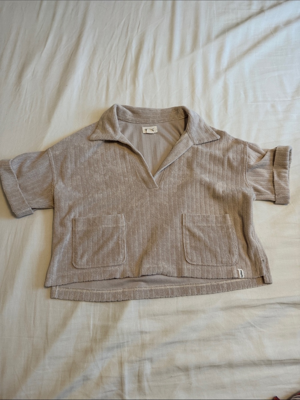 UpWest Short-Sleeve Collared Terrycloth Top in Taupe
